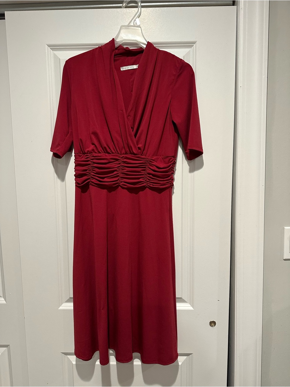 Mikarose Red Ruched-Waist V-Neck Midi Dress